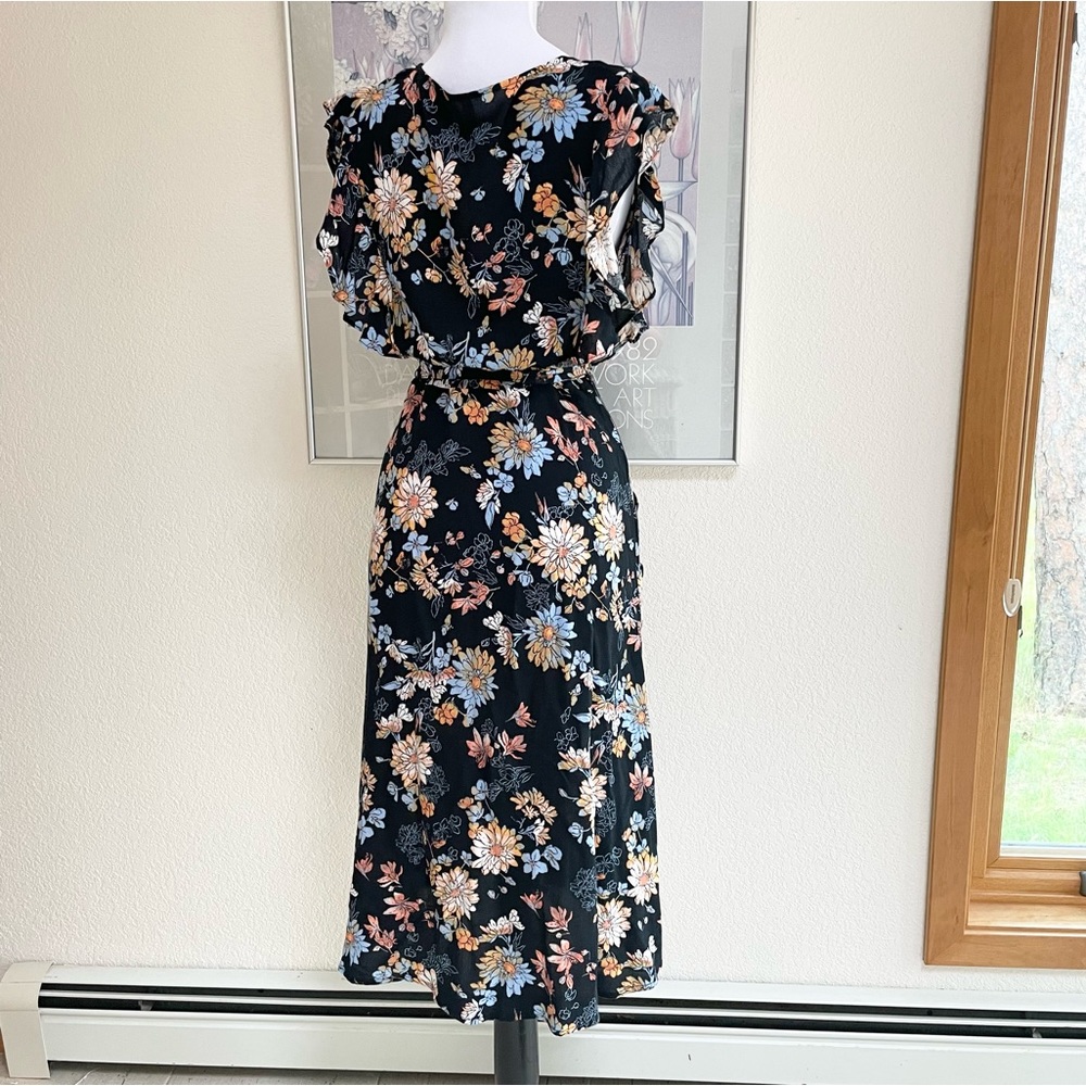 Xhilaration Retro 70s Flutter Ruffled Belted Floral Midi Dress S Pockets Navy - Picture 7 of 7